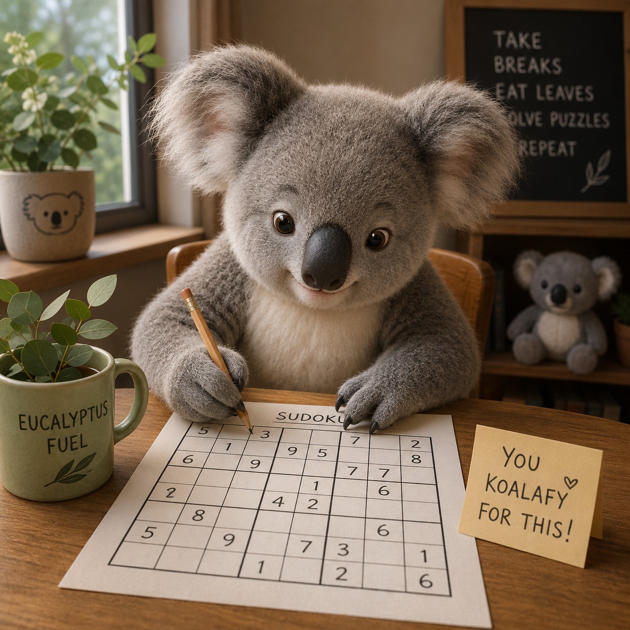 Koala solving a puzzle